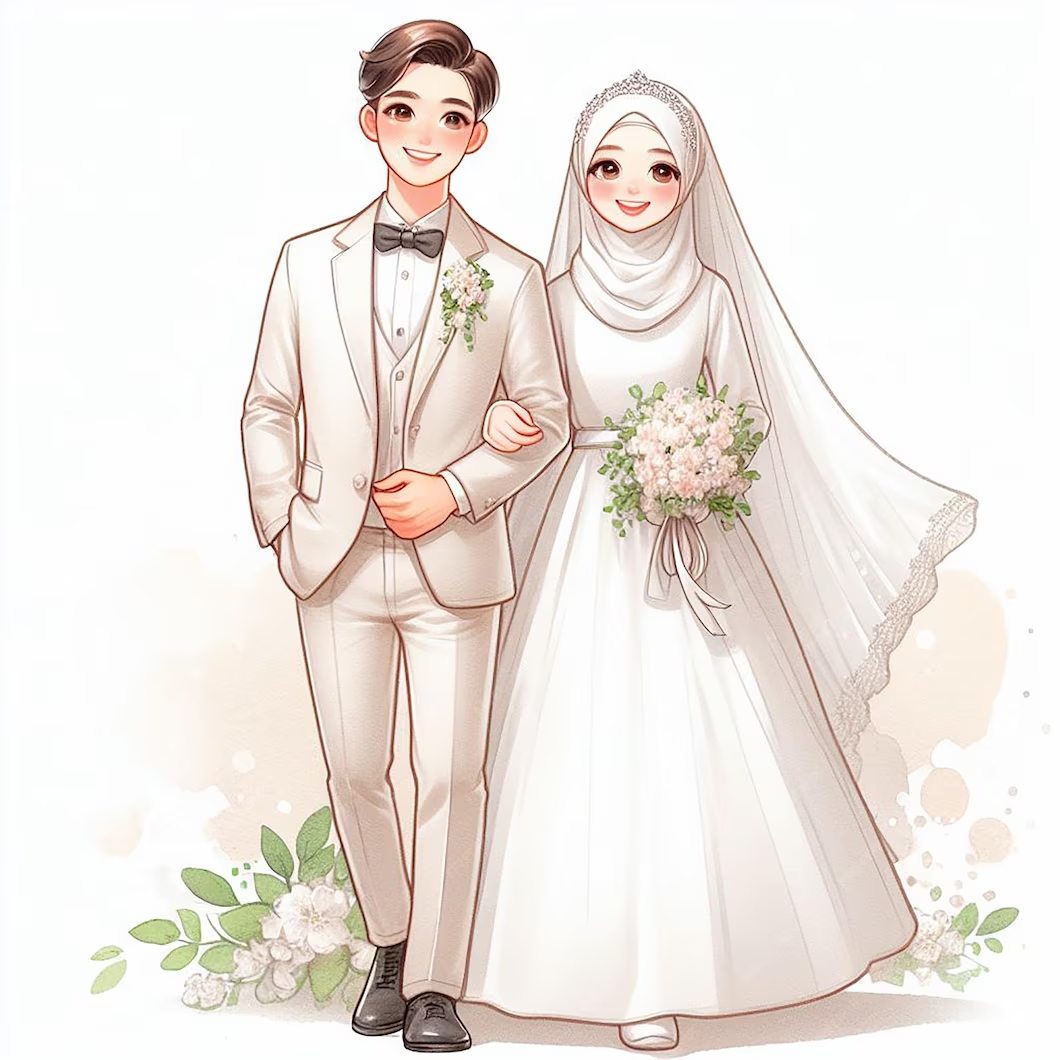 illustration-muslim-wedding-couple-wearing-white-clothes_148003-1523